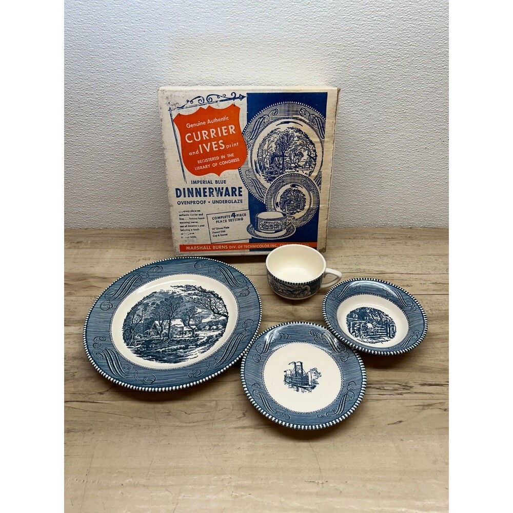 1963 Currier & Ives Print Imperial Blue By Royal Underglaze 4 Piece Dinnerware